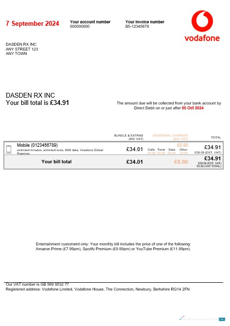 Download United Kingdom Vodafone business utility bill Word and PDF template Photoshop template